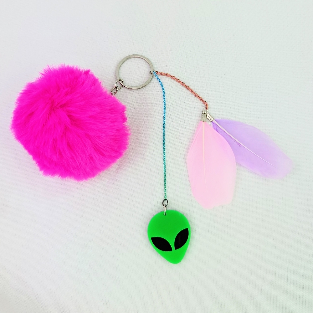 Alien Bag Charm Keychain Fluffy Pom Ball